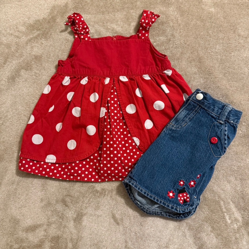 Gymboree Girls Red Polka Dot Top and Ladybug Denim Shorts Set Size 5